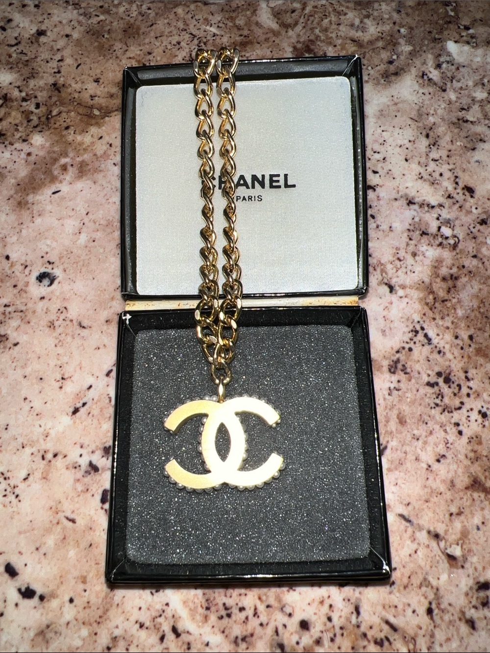 CHANEL Gold-Tone CC Logo Pendant Necklace with Pearl Accent